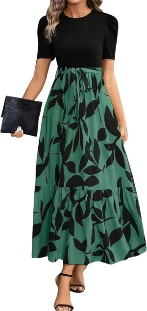 Summer Maxi Dresses for Women 2025 Modest Patchwork Short Sleeve Wrap Teacher Dress Boho Beach Wedding Guest Dresses