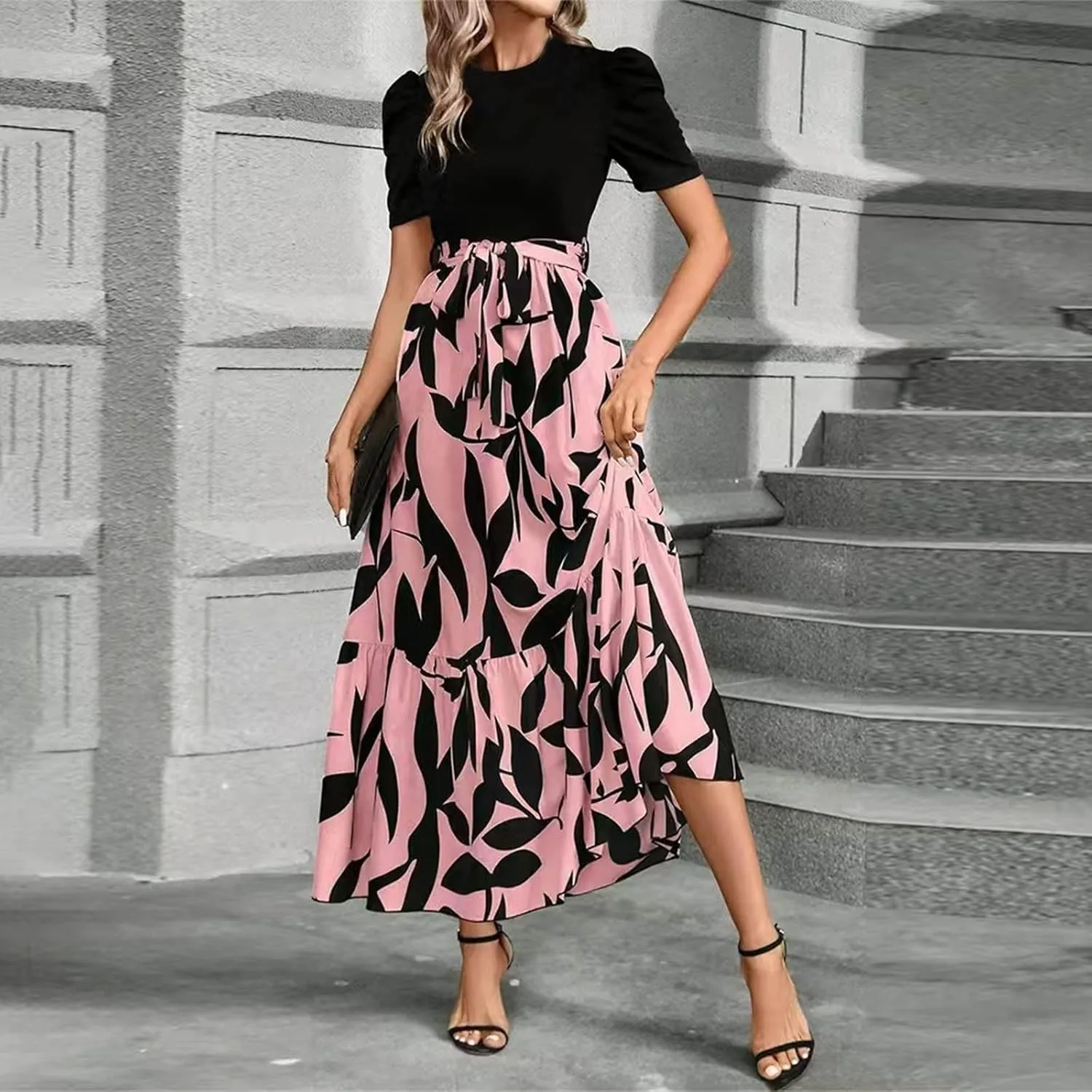 Summer Maxi Dresses for Women 2025 Modest Patchwork Short Sleeve Wrap Teacher Dress Boho Beach Wedding Guest Dresses