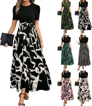Summer Maxi Dresses for Women 2025 Modest Patchwork Short Sleeve Wrap Teacher Dress Boho Beach Wedding Guest Dresses