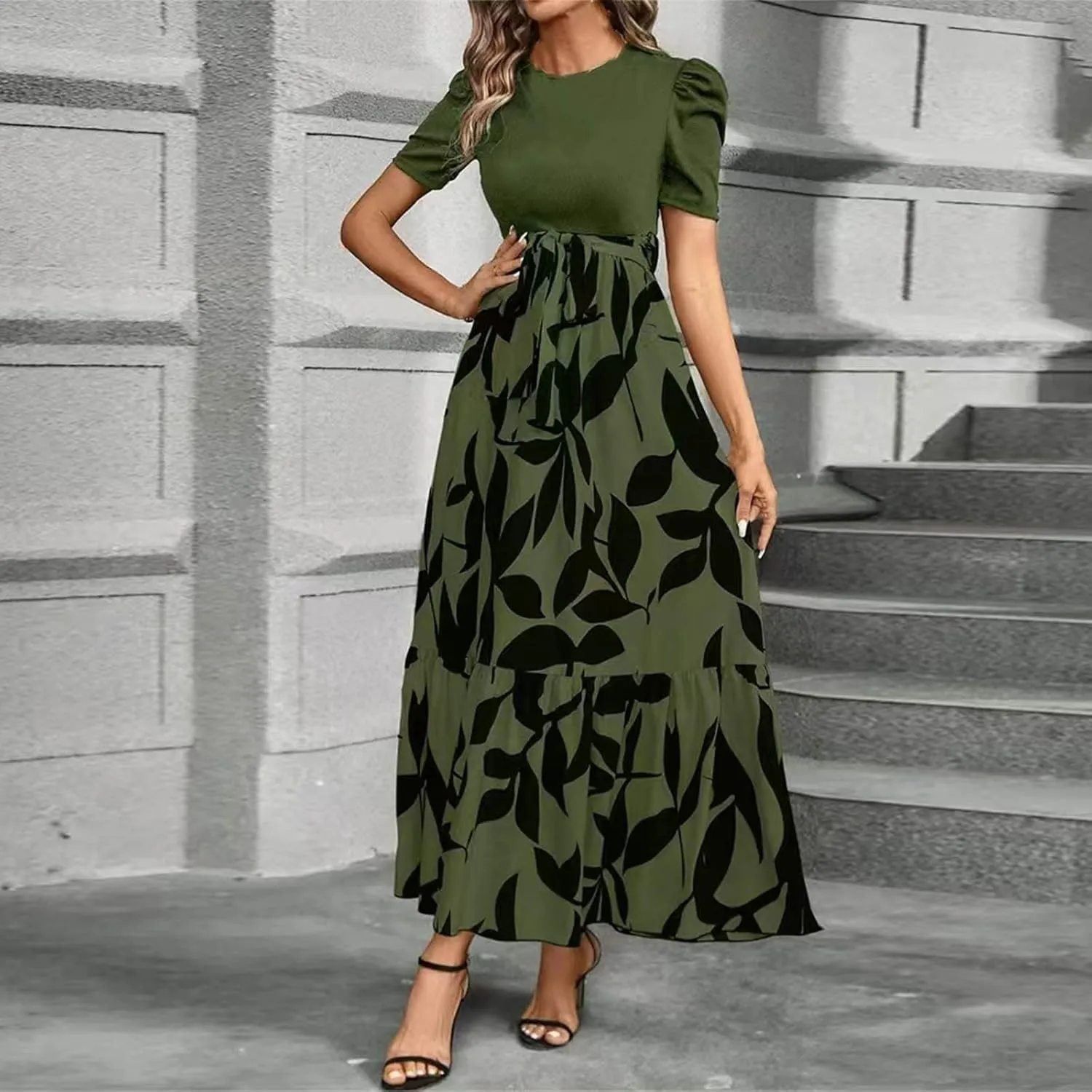 Summer Maxi Dresses for Women 2025 Modest Patchwork Short Sleeve Wrap Teacher Dress Boho Beach Wedding Guest Dresses