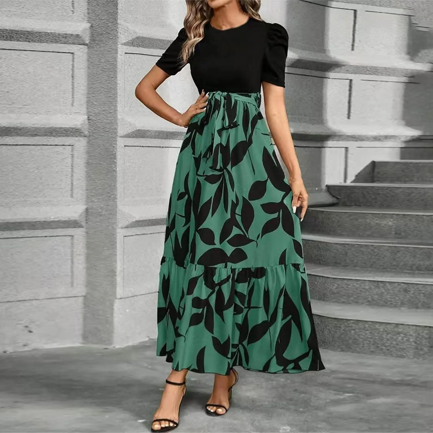 Summer Maxi Dresses for Women 2025 Modest Patchwork Short Sleeve Wrap Teacher Dress Boho Beach Wedding Guest Dresses