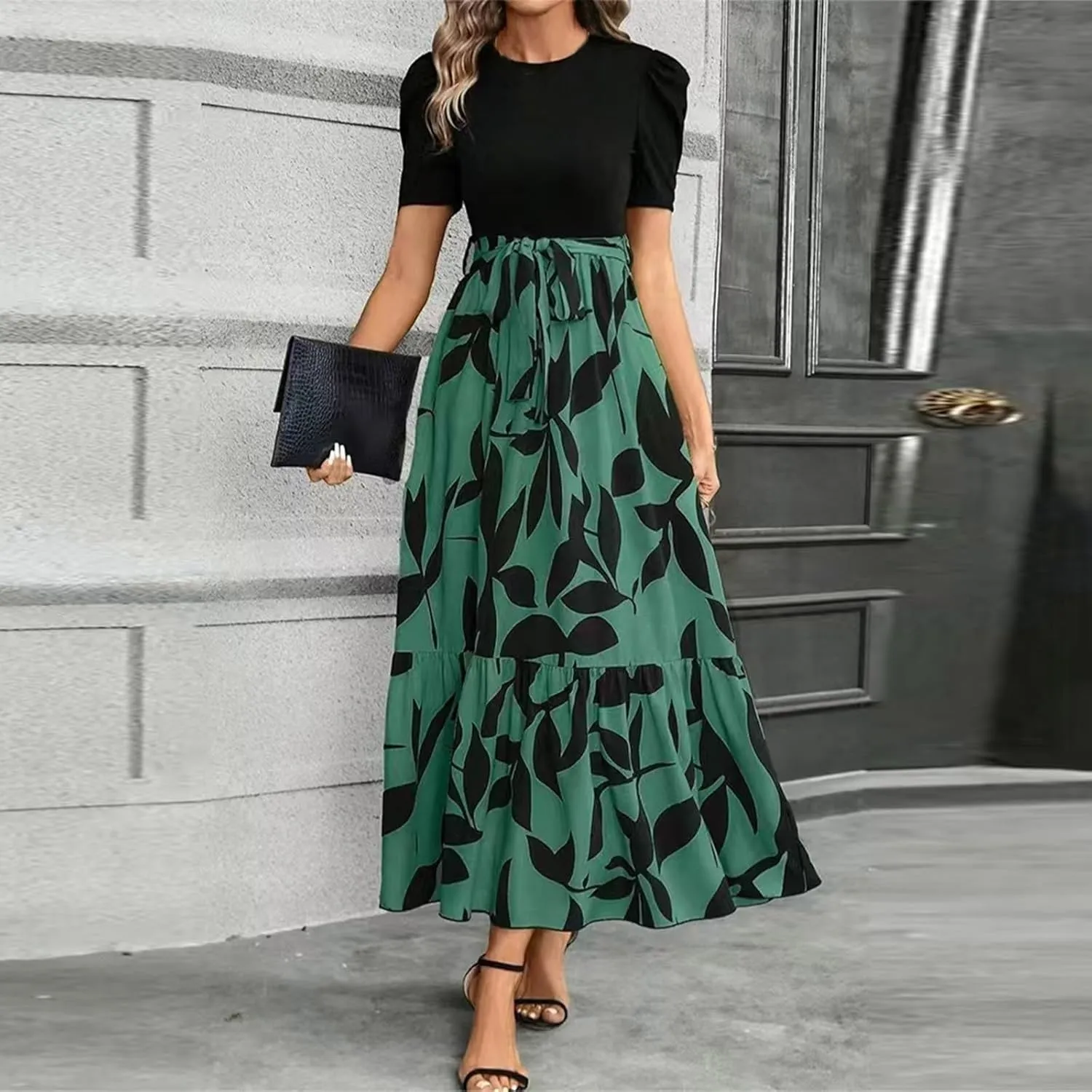 Summer Maxi Dresses for Women 2025 Modest Patchwork Short Sleeve Wrap Teacher Dress Boho Beach Wedding Guest Dresses