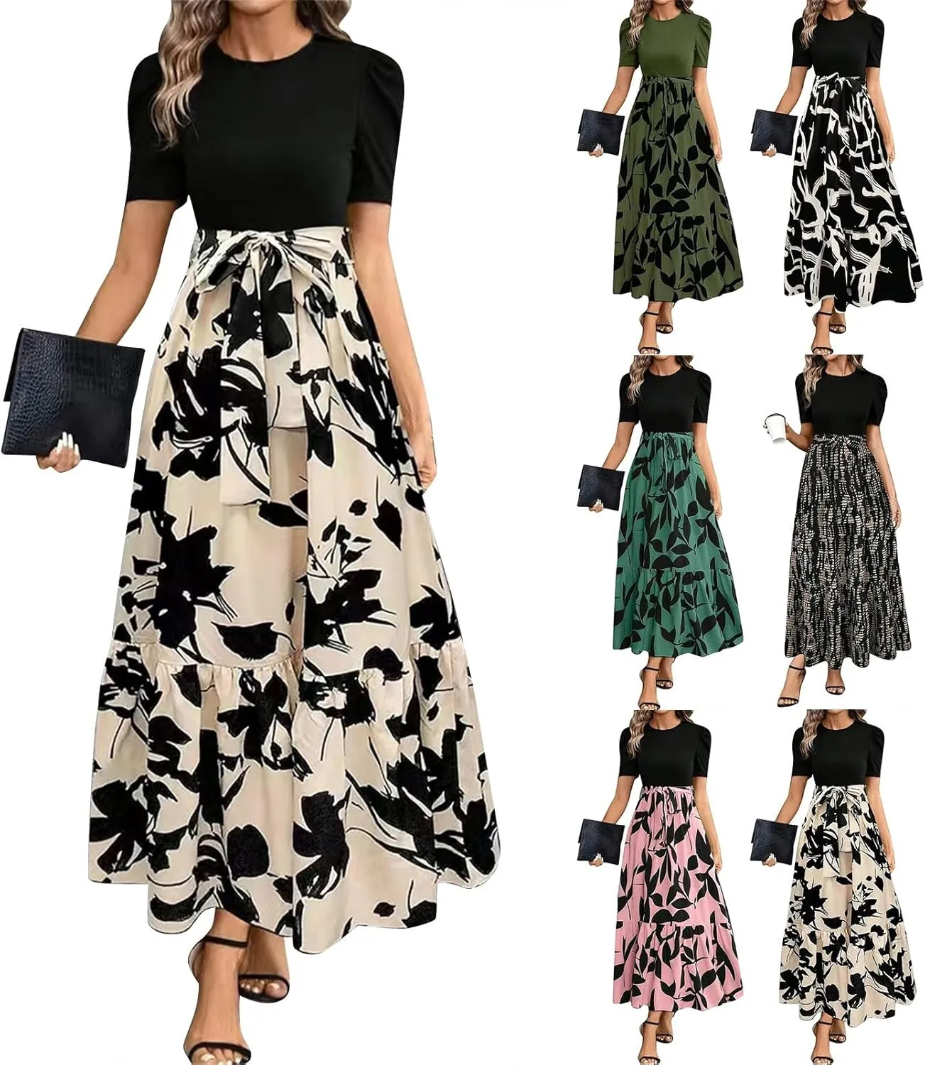 Summer Maxi Dresses for Women 2025 Modest Patchwork Short Sleeve Wrap Teacher Dress Boho Beach Wedding Guest Dresses