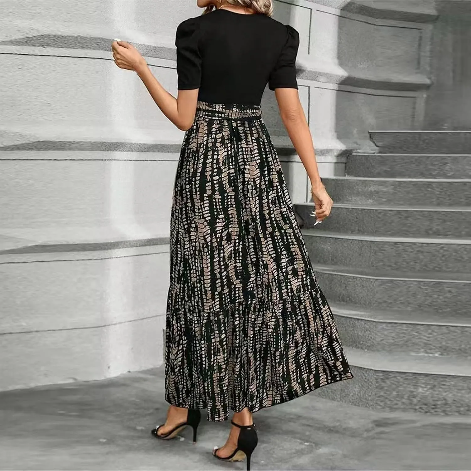 Summer Maxi Dresses for Women 2025 Modest Patchwork Short Sleeve Wrap Teacher Dress Boho Beach Wedding Guest Dresses