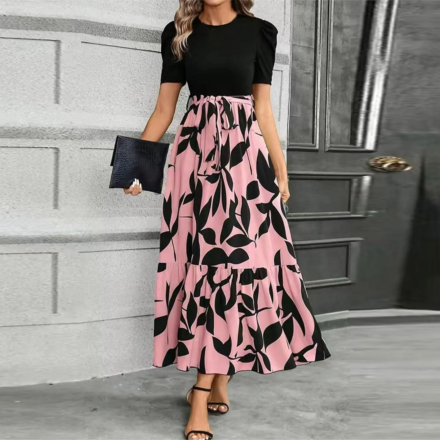 Summer Maxi Dresses for Women 2025 Modest Patchwork Short Sleeve Wrap Teacher Dress Boho Beach Wedding Guest Dresses