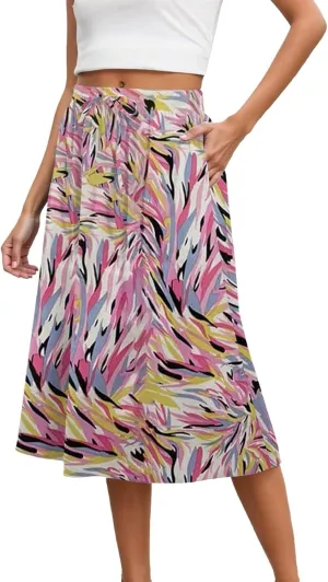 Summer Skirts with Pockets High Elastic Waist Bohemian A-Line Trendy Pleated Boha Floral Print Midi Skirts Streetwear