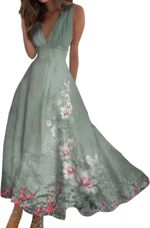 Sundresses for Women Summer Elegant Wrap V Neck Sleeveless Maxi Dress Fancy Floral Printed Flowy Hem Boho Dress
