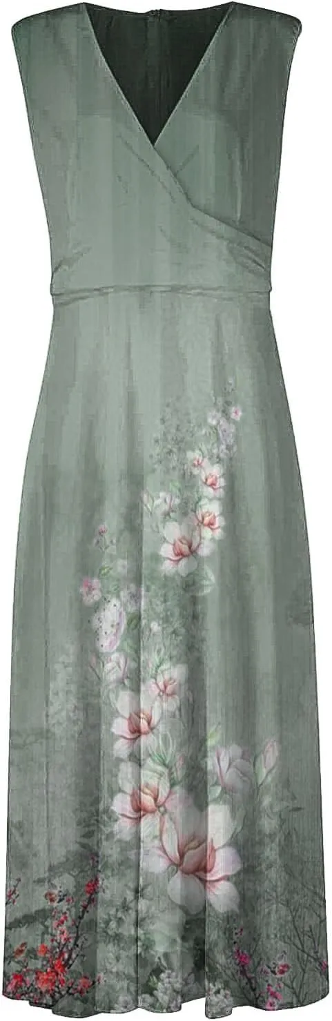 Sundresses for Women Summer Elegant Wrap V Neck Sleeveless Maxi Dress Fancy Floral Printed Flowy Hem Boho Dress