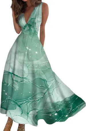 Sundresses for Women Summer Elegant Wrap V Neck Sleeveless Maxi Dress Fancy Floral Printed Flowy Hem Boho Dress