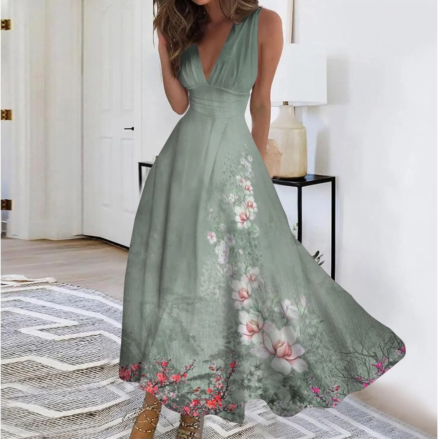 Sundresses for Women Summer Elegant Wrap V Neck Sleeveless Maxi Dress Fancy Floral Printed Flowy Hem Boho Dress