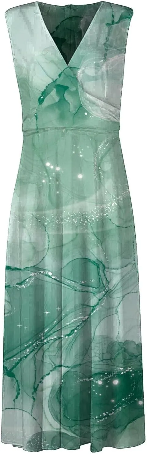 Sundresses for Women Summer Elegant Wrap V Neck Sleeveless Maxi Dress Fancy Floral Printed Flowy Hem Boho Dress