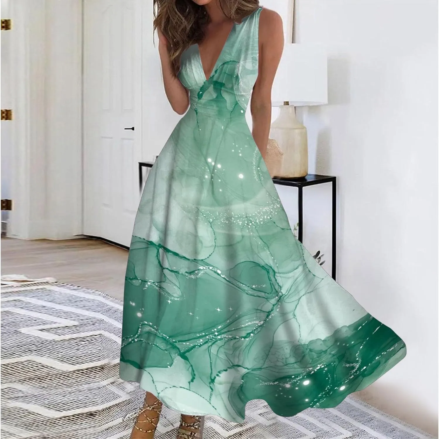 Sundresses for Women Summer Elegant Wrap V Neck Sleeveless Maxi Dress Fancy Floral Printed Flowy Hem Boho Dress
