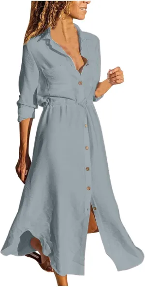 TARIENDY Maxi Dress for Women,Women's Button Down Vacation Outfits Long Sleeve Dresses Plus Size Summer Shirt Sundresses