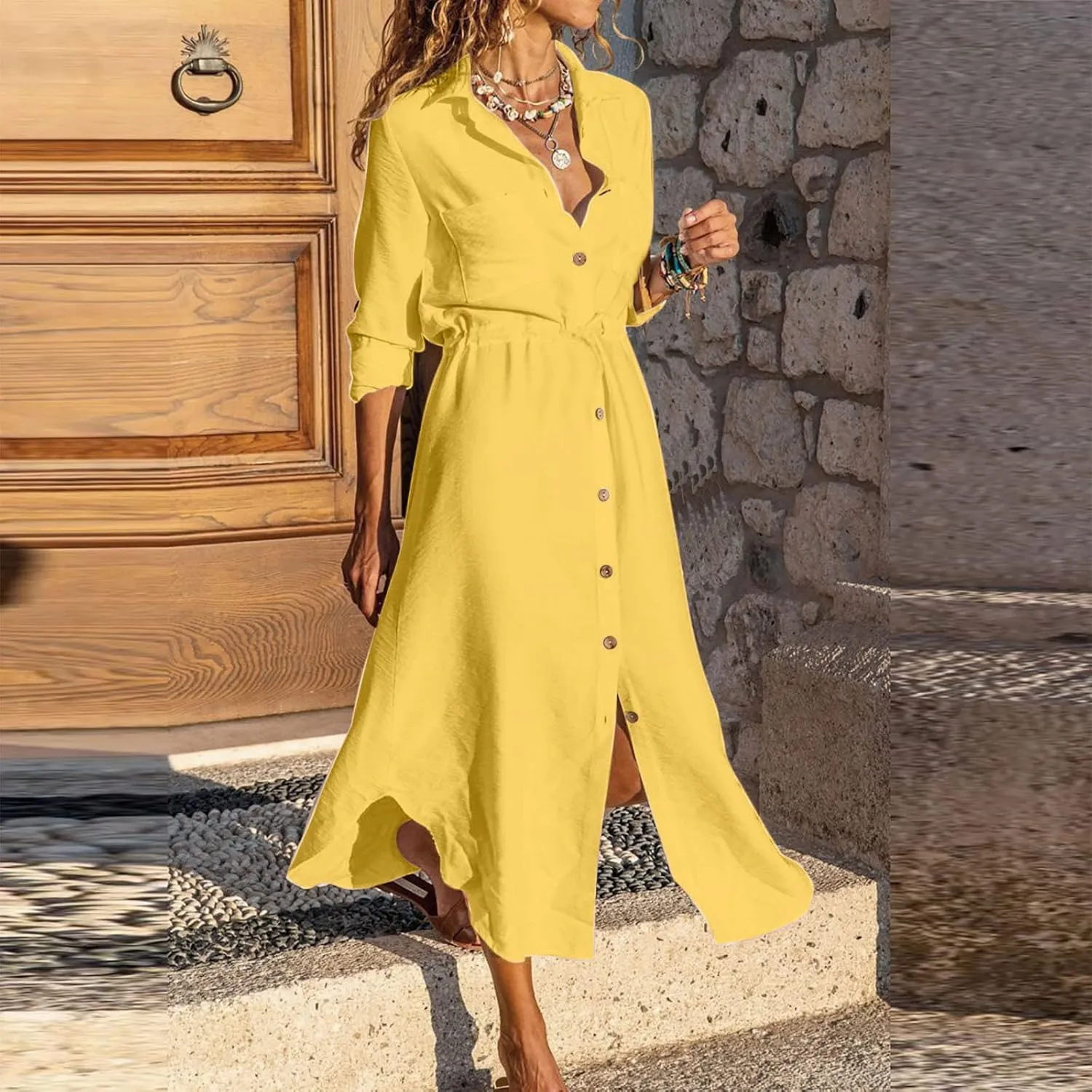 TARIENDY Maxi Dress for Women,Women's Button Down Vacation Outfits Long Sleeve Dresses Plus Size Summer Shirt Sundresses