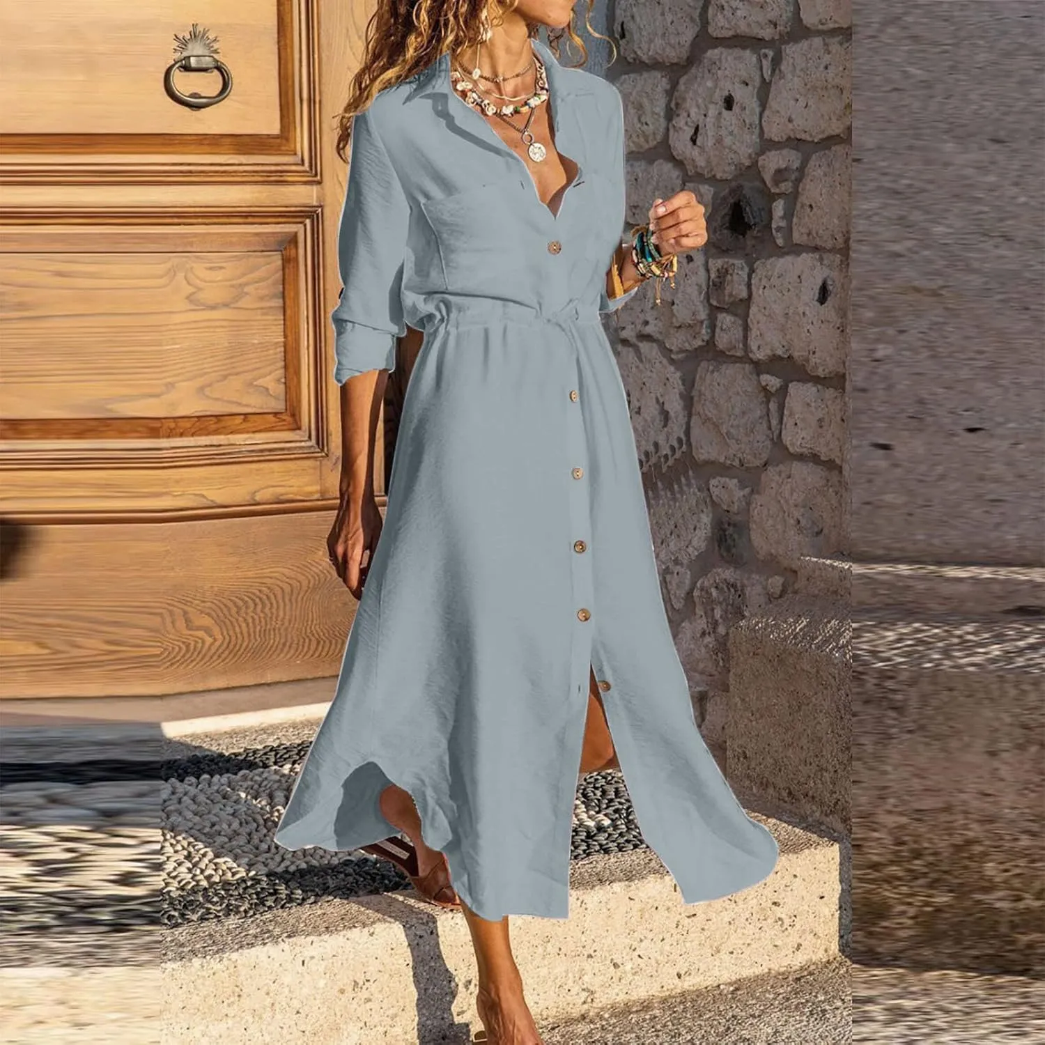 TARIENDY Maxi Dress for Women,Women's Button Down Vacation Outfits Long Sleeve Dresses Plus Size Summer Shirt Sundresses