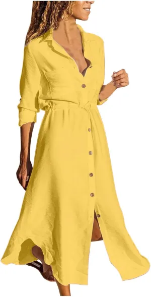 TARIENDY Maxi Dress for Women,Women's Button Down Vacation Outfits Long Sleeve Dresses Plus Size Summer Shirt Sundresses
