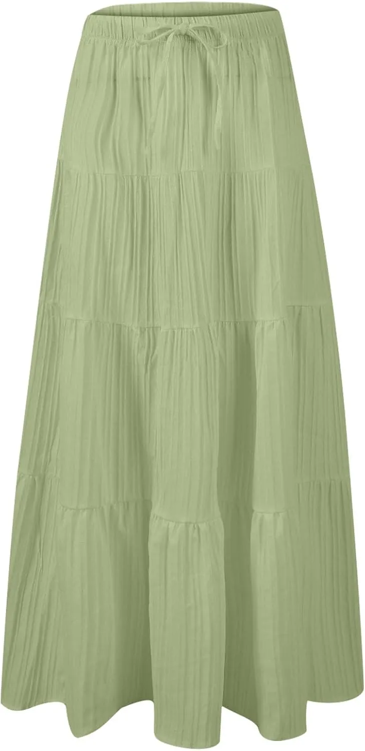 Tiered Long Skirts for Women Vacation A-Line Boho Pleated Skirt Summer High Waist Drawstring Flowy Swing Maxi Skirts