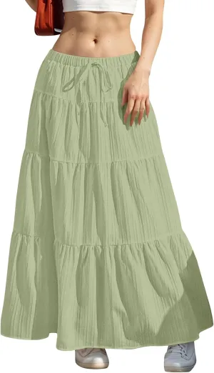 Tiered Long Skirts for Women Vacation A-Line Boho Pleated Skirt Summer High Waist Drawstring Flowy Swing Maxi Skirts