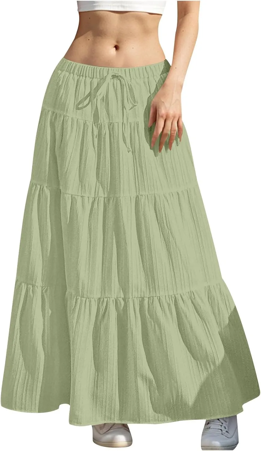 Tiered Long Skirts for Women Vacation A-Line Boho Pleated Skirt Summer High Waist Drawstring Flowy Swing Maxi Skirts