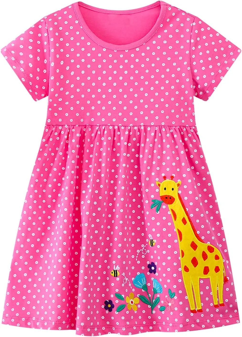 Toddler Girls Cotton Embroidery Applique Short Sleeve Dresses 2-7Y