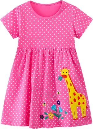 Toddler Girls Cotton Embroidery Applique Short Sleeve Dresses 2-7Y