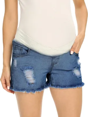 V VOCNI Maternity Women's Maternity Indigo Blue Mom Tassel Secret Underbelly Denim Shorts A Indigo Blue