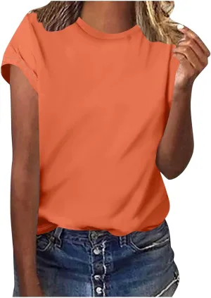 Vacation Outfits for Women Cap Sleeve Crewneck Comfort T-Shirt Fashion Lightweight Cozy Loose Summer Trendy Tees