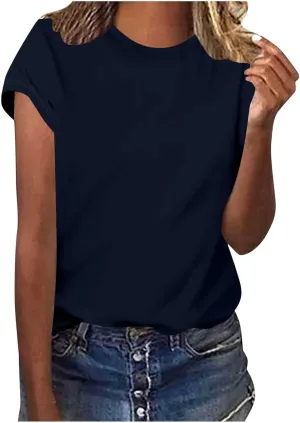 Vacation Outfits for Women Cap Sleeve Crewneck Comfort T-Shirt Fashion Lightweight Cozy Loose Summer Trendy Tees
