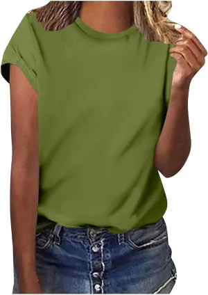 Vacation Outfits for Women Cap Sleeve Crewneck Comfort T-Shirt Fashion Lightweight Cozy Loose Summer Trendy Tees
