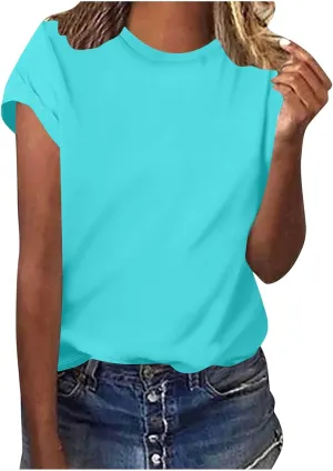 Vacation Outfits for Women Cap Sleeve Crewneck Comfort T-Shirt Fashion Lightweight Cozy Loose Summer Trendy Tees