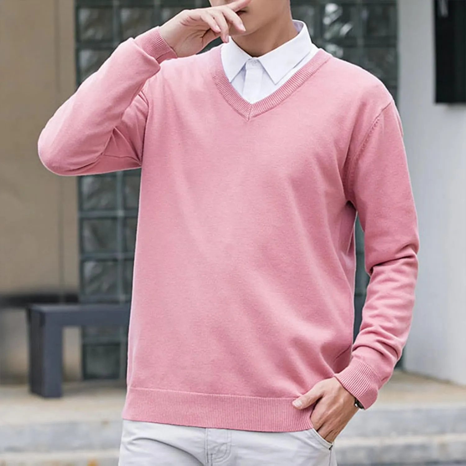 Winter Knitted Sweater for Men Casual Slim Fit Lightweight Thermal Pullovers Tops V Neck Long Sleeve Bottoming Jumper