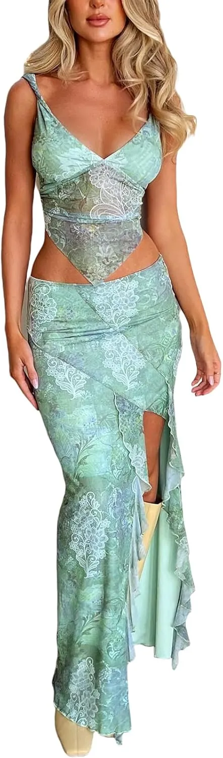 Women Boho Maxi Skirt High Low Side Split Summer Beach Wrap Skirts Casual Ruffle Hem Swing Long Skirts