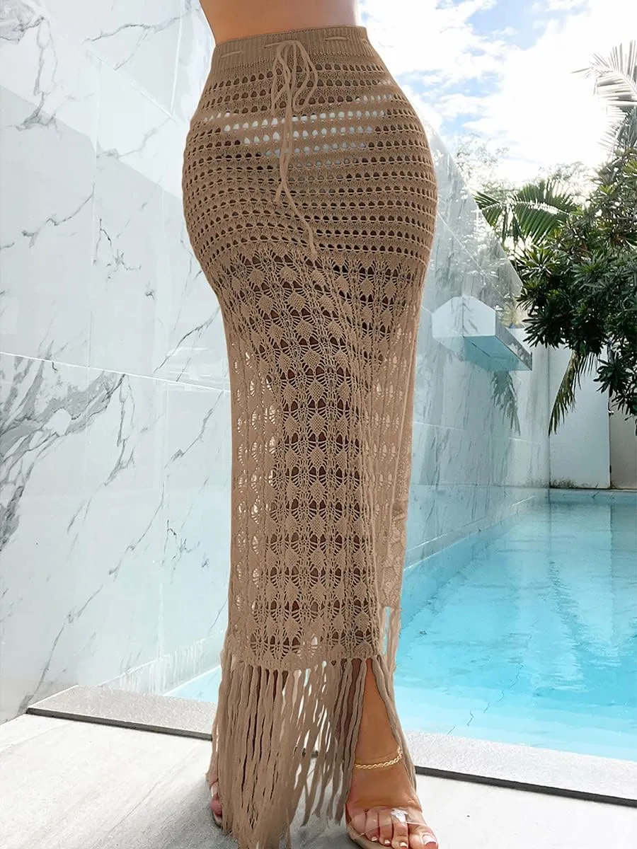 Women Boho Maxi Skirt High Low Side Split Summer Beach Wrap Skirts Casual Ruffle Hem Swing Long Skirts