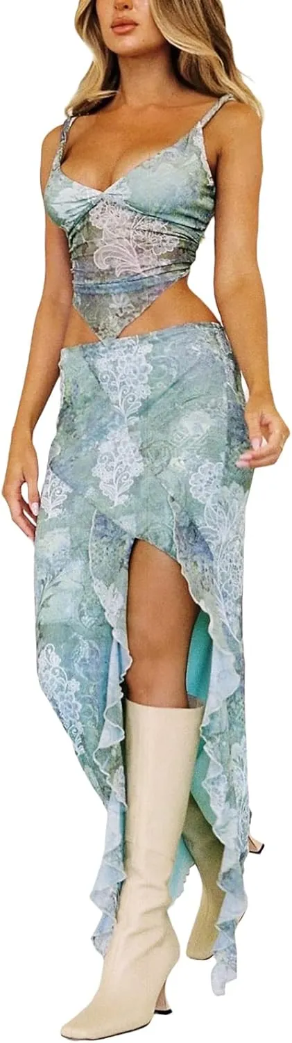 Women Boho Maxi Skirt High Low Side Split Summer Beach Wrap Skirts Casual Ruffle Hem Swing Long Skirts
