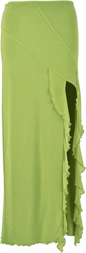 Women Boho Maxi Skirt High Low Side Split Summer Beach Wrap Skirts Casual Ruffle Hem Swing Long Skirts