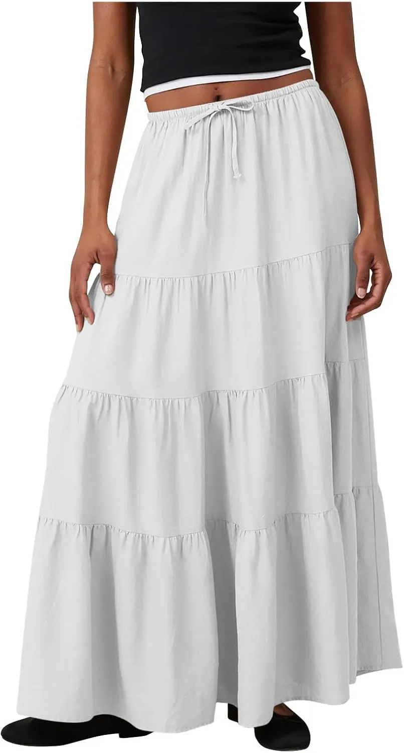 Women Boho Skirts Flowy Ruffle Skirts Long A Line Beach Skirt Vacation Maxi Skirts Casual Summer Outfit Pleated Skirt