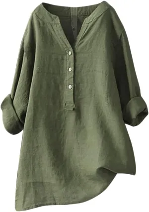Women Button Up Shirts Solid Long Sleeve Linen Summer Casual Comfy Blouses Top Loose Fit Tee Shirts