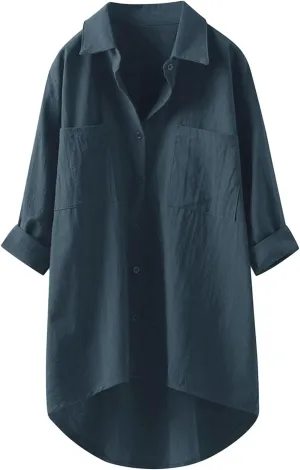 Women Button Up Shirts Solid Long Sleeve Linen Summer Casual Comfy Blouses Top Loose Fit Tee Shirts