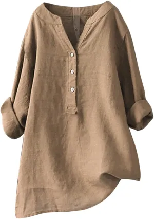 Women Button Up Shirts Solid Long Sleeve Linen Summer Casual Comfy Blouses Top Loose Fit Tee Shirts