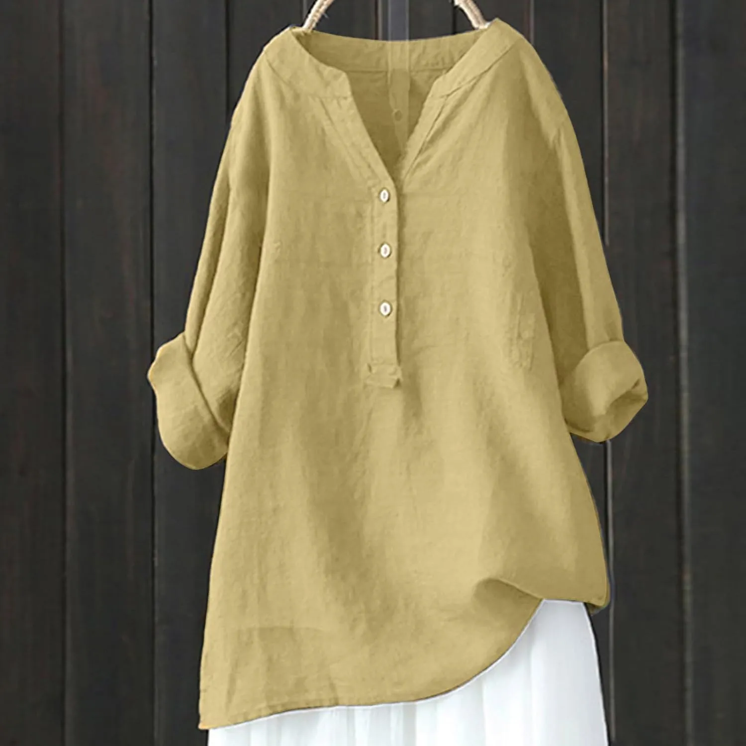Women Button Up Shirts Solid Long Sleeve Linen Summer Casual Comfy Blouses Top Loose Fit Tee Shirts
