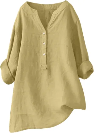 Women Button Up Shirts Solid Long Sleeve Linen Summer Casual Comfy Blouses Top Loose Fit Tee Shirts