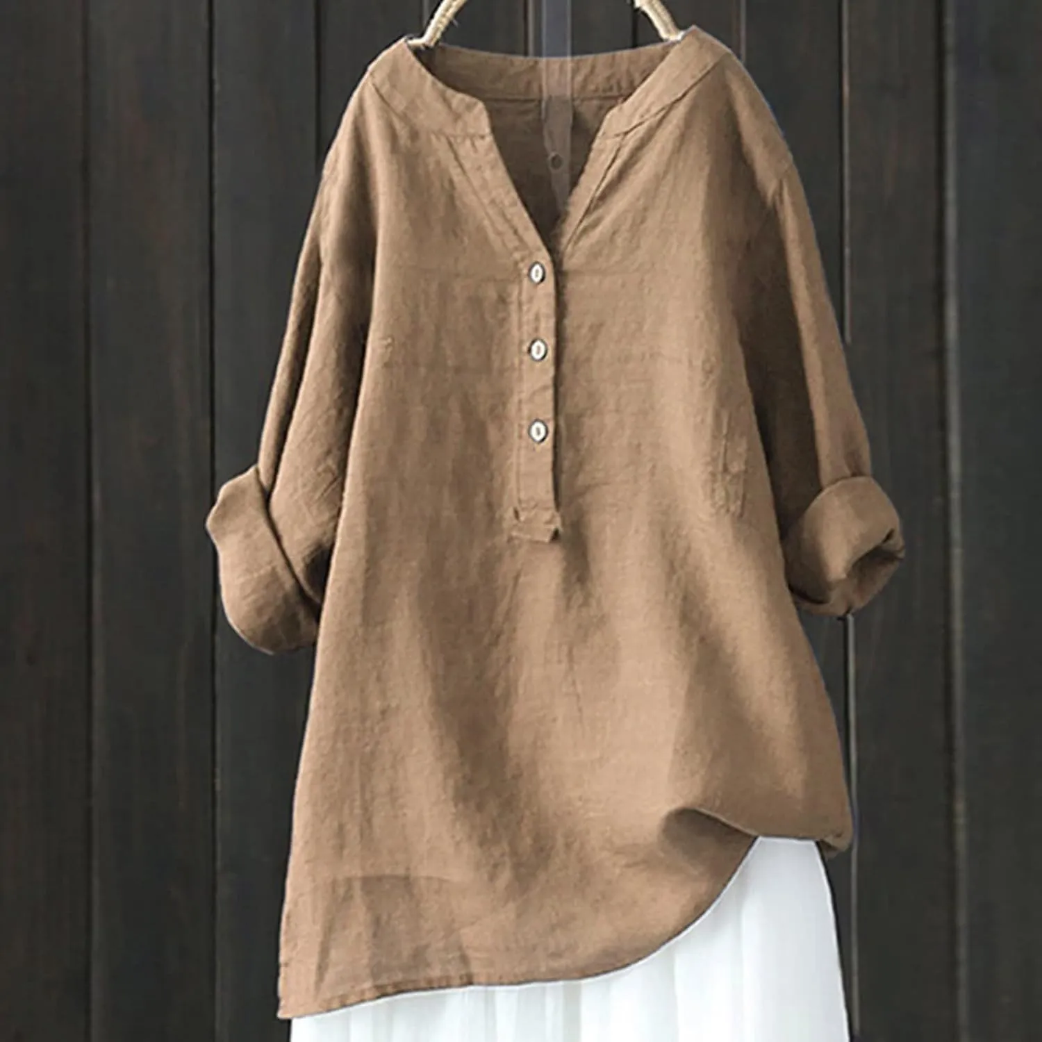 Women Button Up Shirts Solid Long Sleeve Linen Summer Casual Comfy Blouses Top Loose Fit Tee Shirts