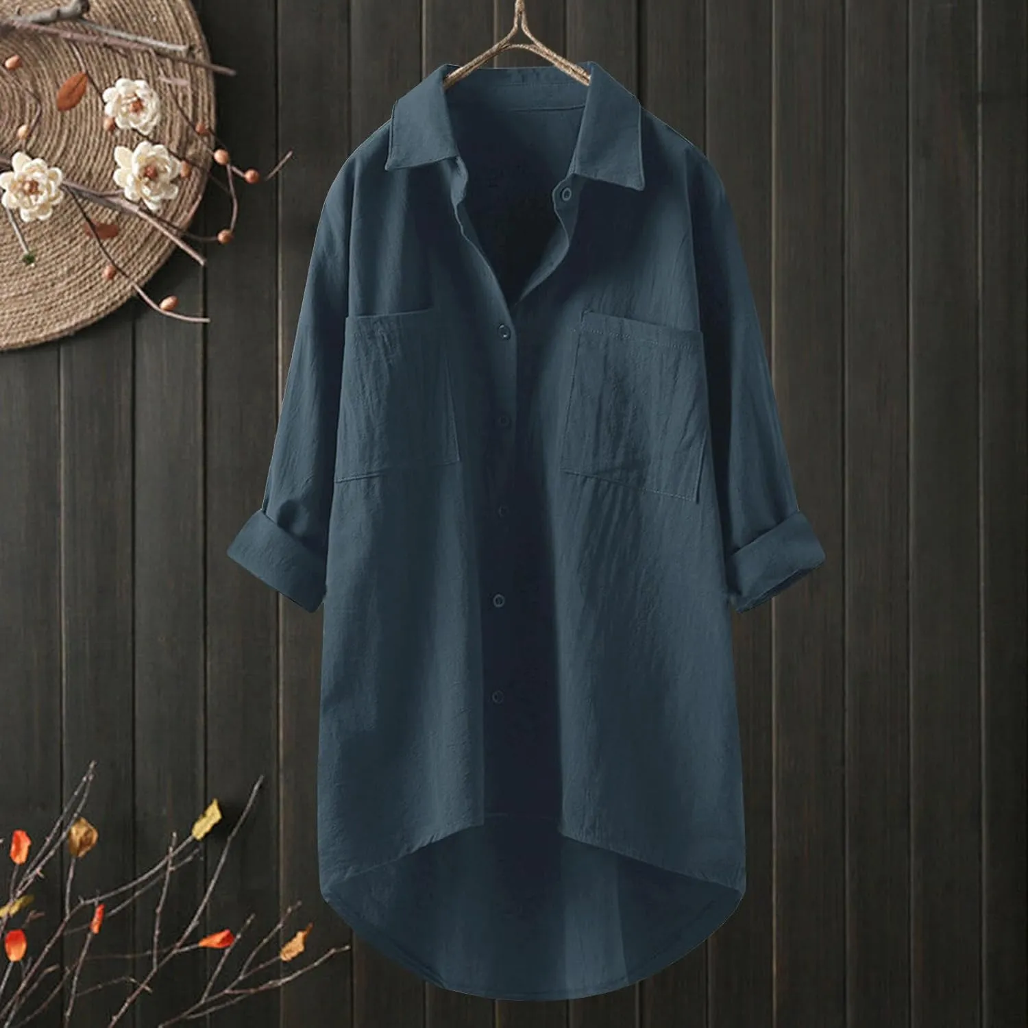 Women Button Up Shirts Solid Long Sleeve Linen Summer Casual Comfy Blouses Top Loose Fit Tee Shirts