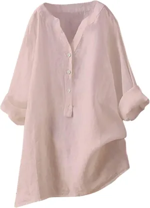 Women Button Up Shirts Solid Long Sleeve Linen Summer Casual Comfy Blouses Top Loose Fit Tee Shirts