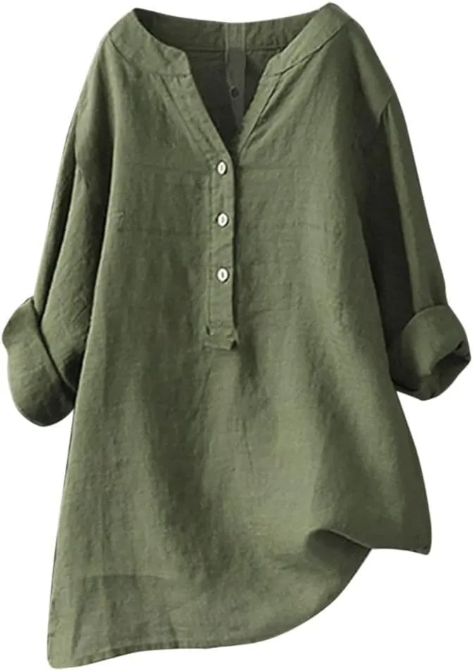 Women Button Up Shirts Solid Long Sleeve Linen Summer Casual Comfy Blouses Top Loose Fit Tee Shirts