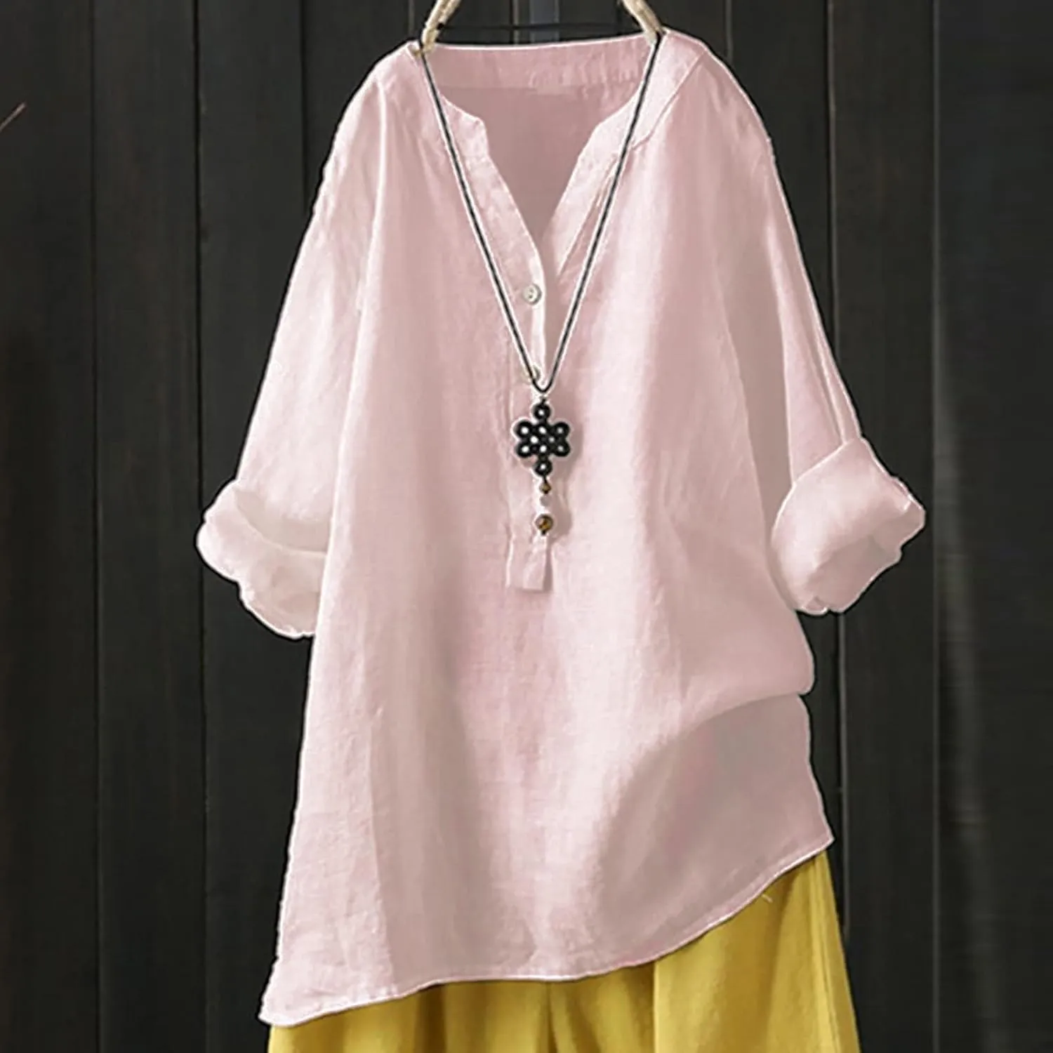 Women Button Up Shirts Solid Long Sleeve Linen Summer Casual Comfy Blouses Top Loose Fit Tee Shirts