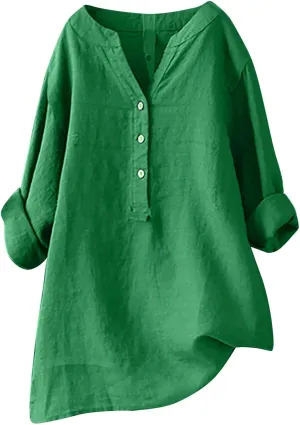 Women Button Up Shirts V Neck Long Sleeve Cotton Linen Summer Casual Fashion Blouse Tops Loose Tshirts
