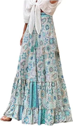 Women Floral Maxi Skirt Boho Flowy Long Skirt 2025 Summer Vacation Beach A-Line Tiered Skirts Comfy High Waist Dress
