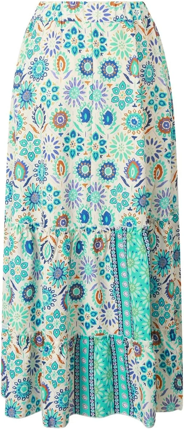 Women Floral Maxi Skirt Boho Flowy Long Skirt 2025 Summer Vacation Beach A-Line Tiered Skirts Comfy High Waist Dress