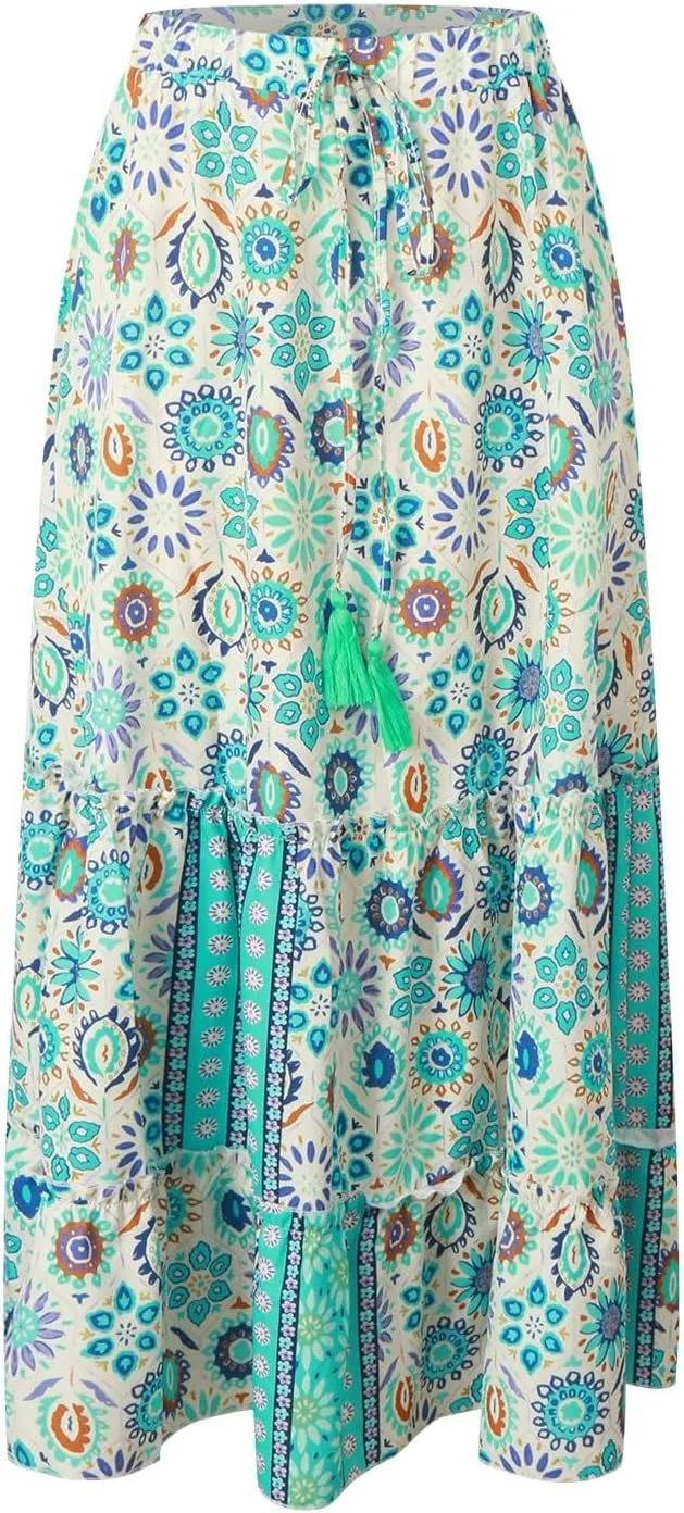 Women Floral Maxi Skirt Boho Flowy Long Skirt 2025 Summer Vacation Beach A-Line Tiered Skirts Comfy High Waist Dress